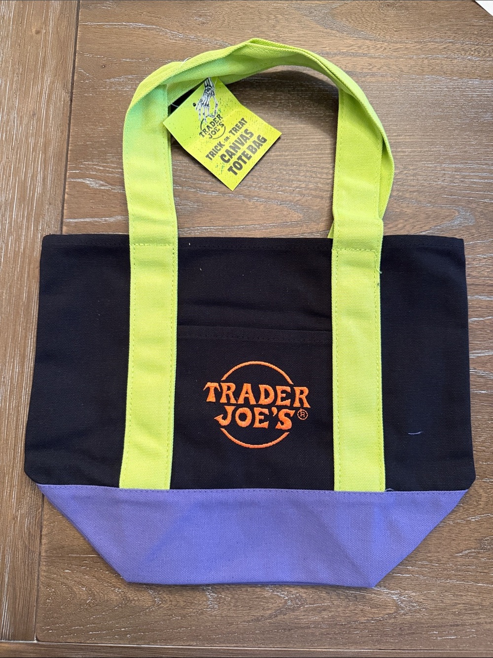 Trader Joe’s Black Canvas Tote with Lime Handles and Lavender Base